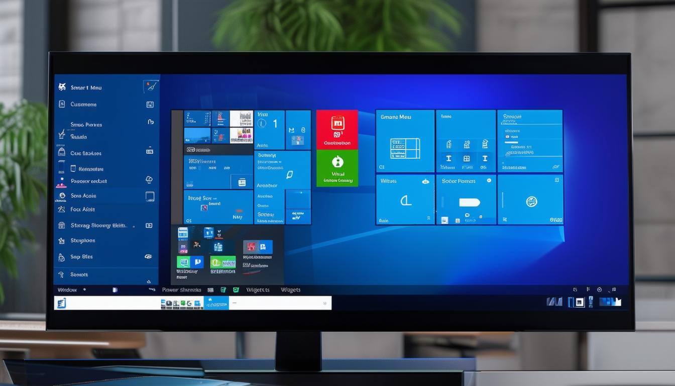 A detailed image of a computer screen displaying Windows 11 settings and features like Smart Menu Customization, Virtual Desktops, Snap Layouts, Focus Assist, Widgets, Taskbar Customization, Keyboard Shortcuts, Power and Battery Settings, Storage Sense, and Accessibility Features.