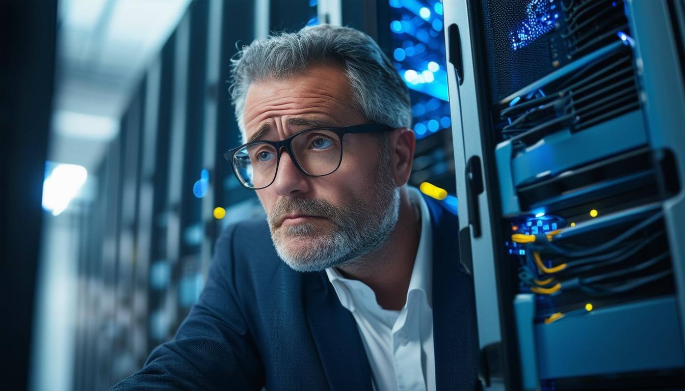 An image of a CEO of a small to medium-sized business looking concerned while surrounded by computer servers and data backup tools.