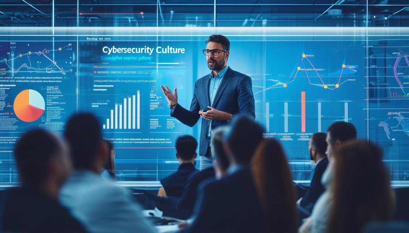 An image of a business leader speaking to a group of employees about cybersecurity culture, with charts and graphs in the background showing progress and improvement.