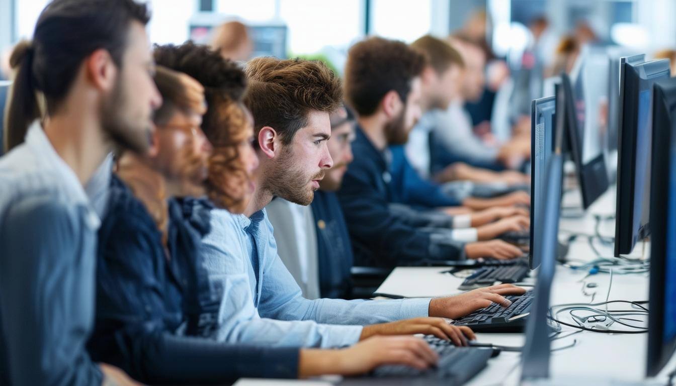 An image of a business team working on computers in an office setting, some team members looking frustrated with slow computers, while others are busy typing away. The office environment is busy and filled with technology equipment.