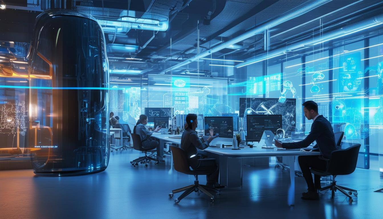 An image of a futuristic office setting with employees working alongside AI-powered machines and robots, enhancing efficiency and innovation in the workplace.