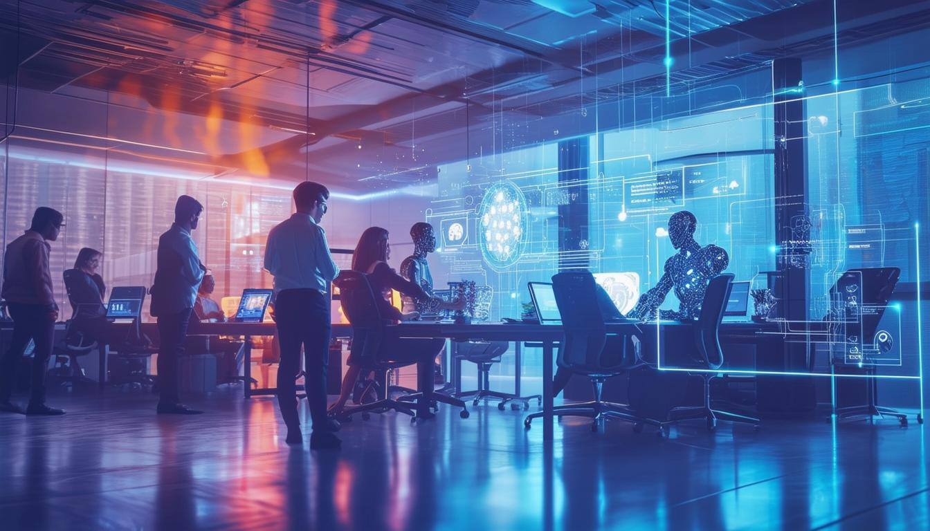 An image of a futuristic workplace with employees interacting with Artificial Intelligence tools to enhance productivity and efficiency.