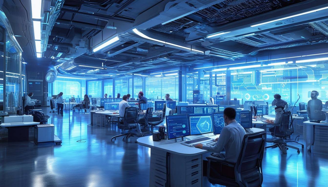 An image of a futuristic, high-tech office with advanced IT systems and employees working on cutting-edge technology.