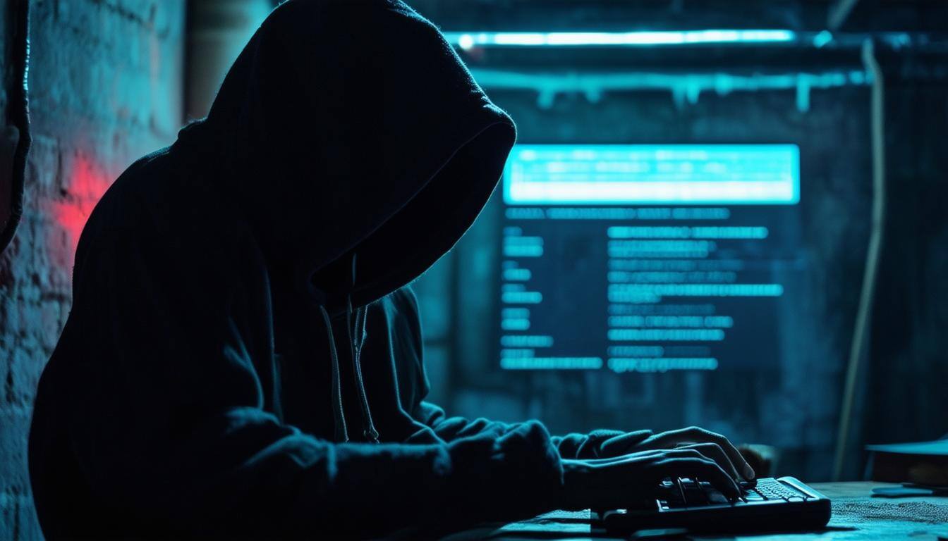 hooded figure typing with command lines up on computer screen