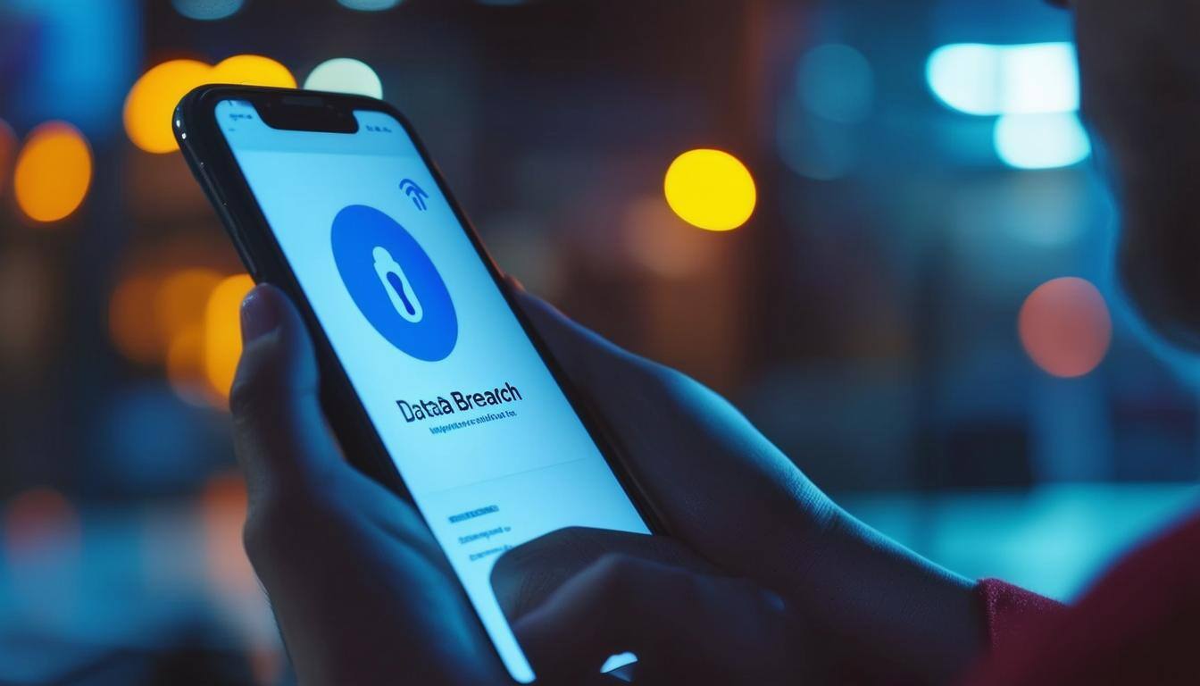 An image of a person receiving a notification on their phone about a data breach, looking concerned and worried.