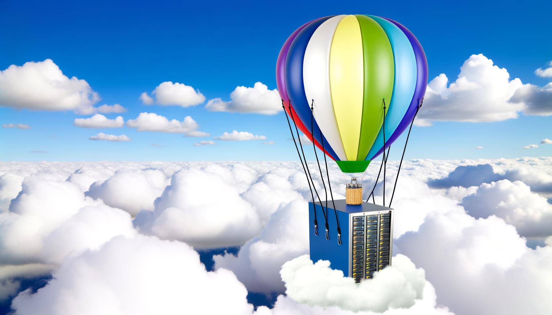 server being carried by a hot air balloon into the clouds