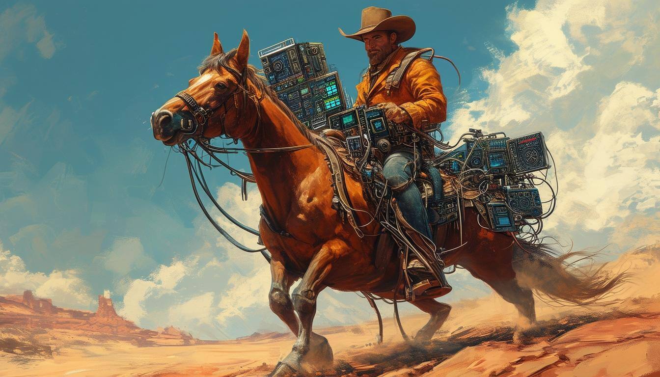 IT cowboy on a horse with computing devices