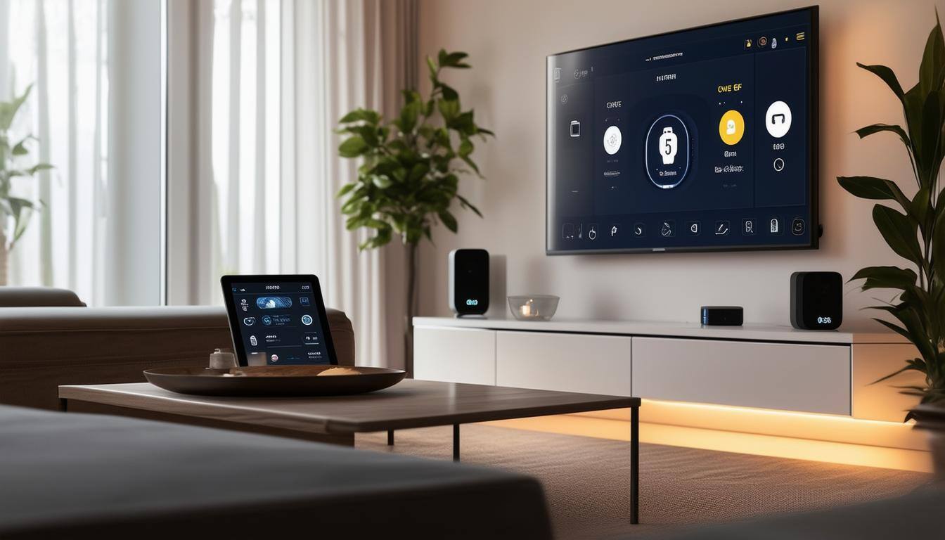 The image depicts a modern living room showcasing an integrated smart home environment. Soft, ambient lighting casts a warm glow over the space, highlighting a sleek coffee table adorned with a tablet displaying a smart home app interface. In the background, a plush sofa faces a wall-mounted flat-screen TV, with smart speakers subtly positioned around the room. A futuristic smart thermostat is visible on the wall, set to a comfortable temperature. The front door features a digital smart lock, while a potted plant adds a touch of nature to the contemporary decor. A voice assistant device rests on the side table, ready to respond to commands. Overall, the scene embodies convenience and modern technology, emphasizing a harmonious blend of comfort and innovation within a home setting.