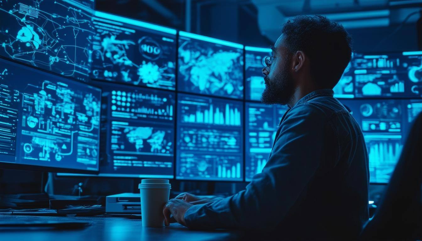 The image depicts a sleek, high-tech control room filled with multiple large screens displaying real-time data and analytics related to dark web monitoring. In the foreground, a focused cybersecurity analyst, dressed in casual attire, intently examines the screens, which showcase complex graphs, alerts, and maps highlighting areas of concern. The ambient lighting is dim, with the glow of the screens casting a blue hue across the room, emphasizing the high-stakes atmosphere of digital security. In the background, a wall is adorned with infographics illustrating statistics about identity theft, cyber threats, and the importance of immediate response. A coffee cup sits beside the analyst, hinting at long hours spent on vigilance. The overall mood conveys urgency and the critical nature of the work being done to protect sensitive personal and business information from illicit activities on the dark web.