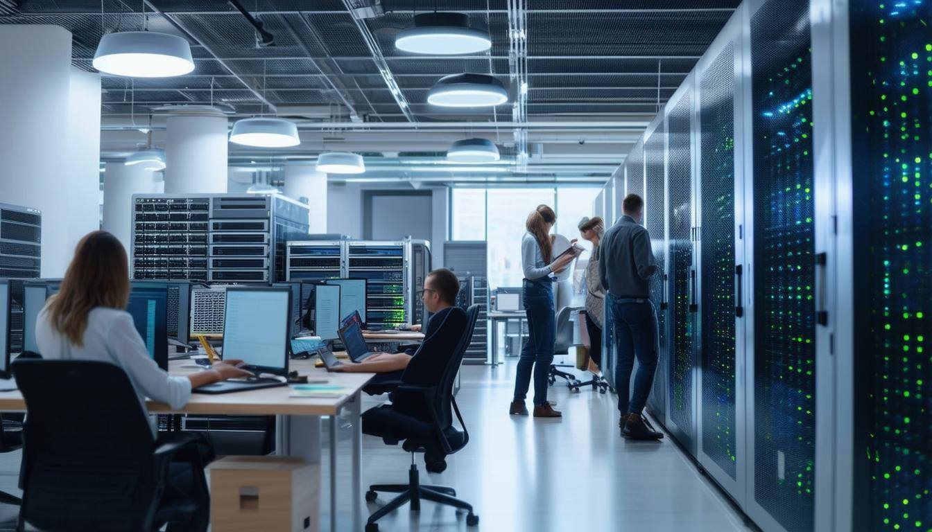 The image shows a modern office space with employees working on laptops and desktop computers. There are servers and networking equipment visible in the background, as well as energy-efficient lighting and cooling systems. Employees are engaged in discussions, possibly about cost-saving strategies for IT infrastructure.