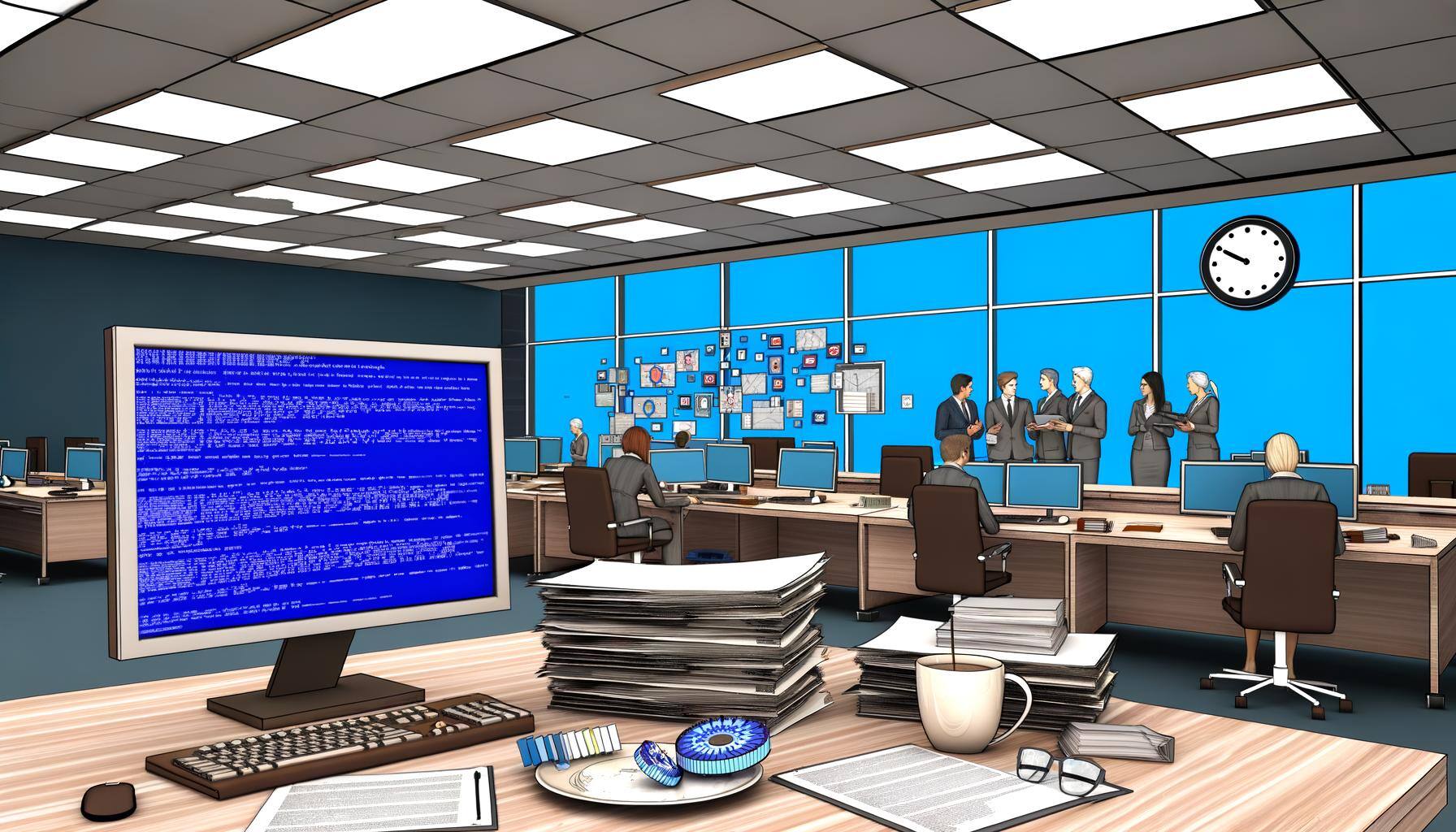 office with blue screen on computer