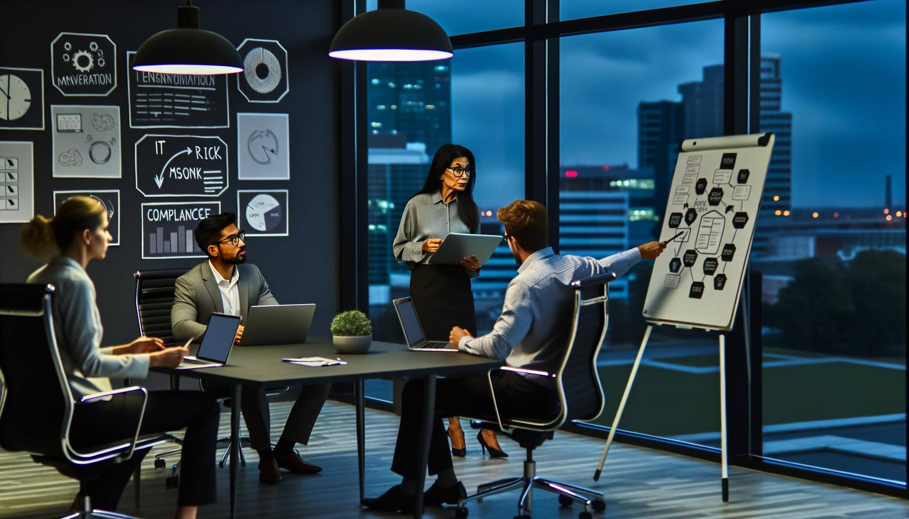 leadership team gatheresd around a whiteboard