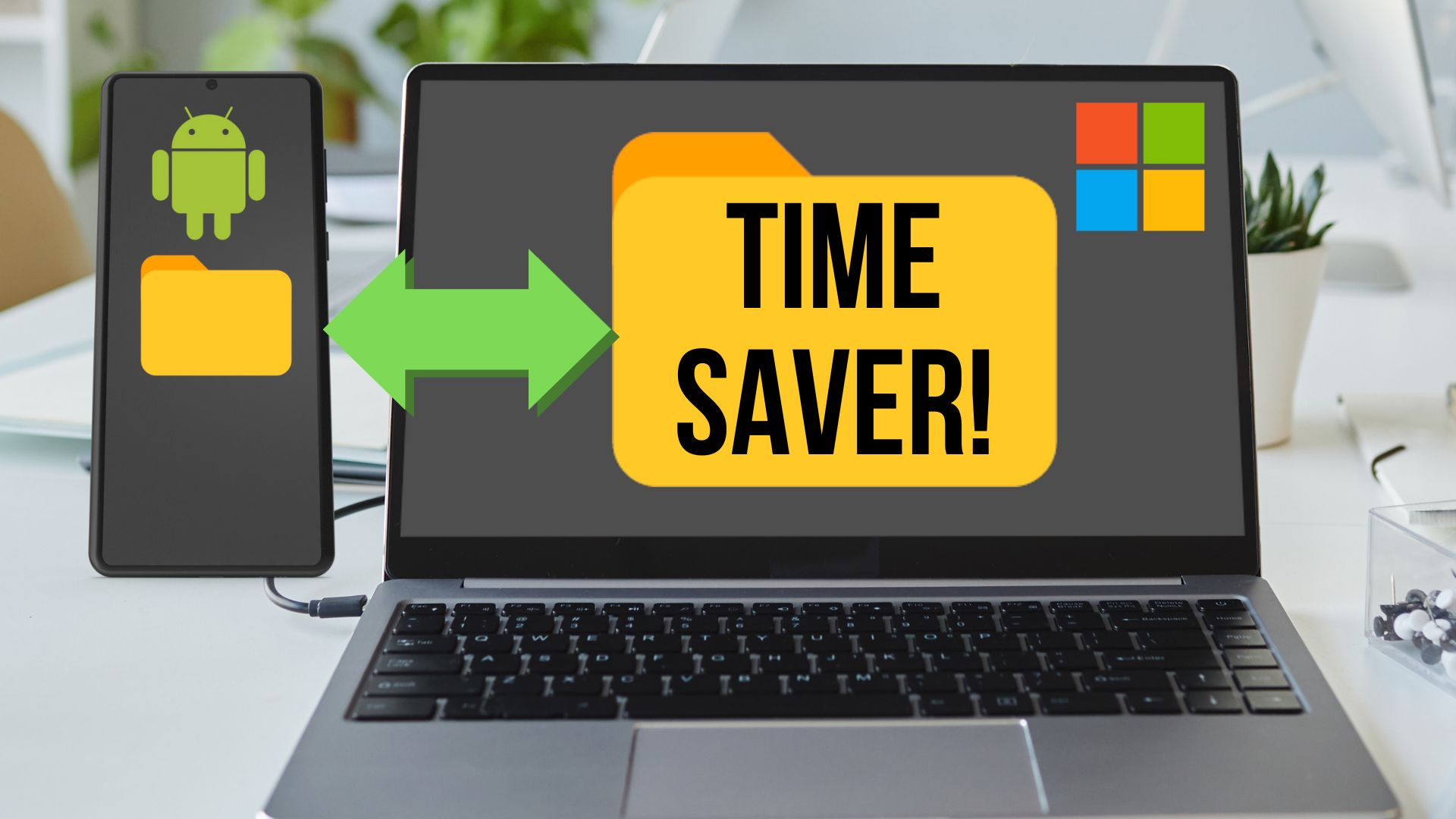 picture of a laptop with screen saying time saver next to android phone