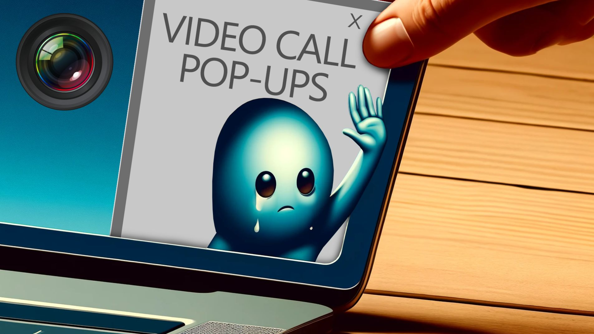 video call pop ups on a laptop with sad character waving
