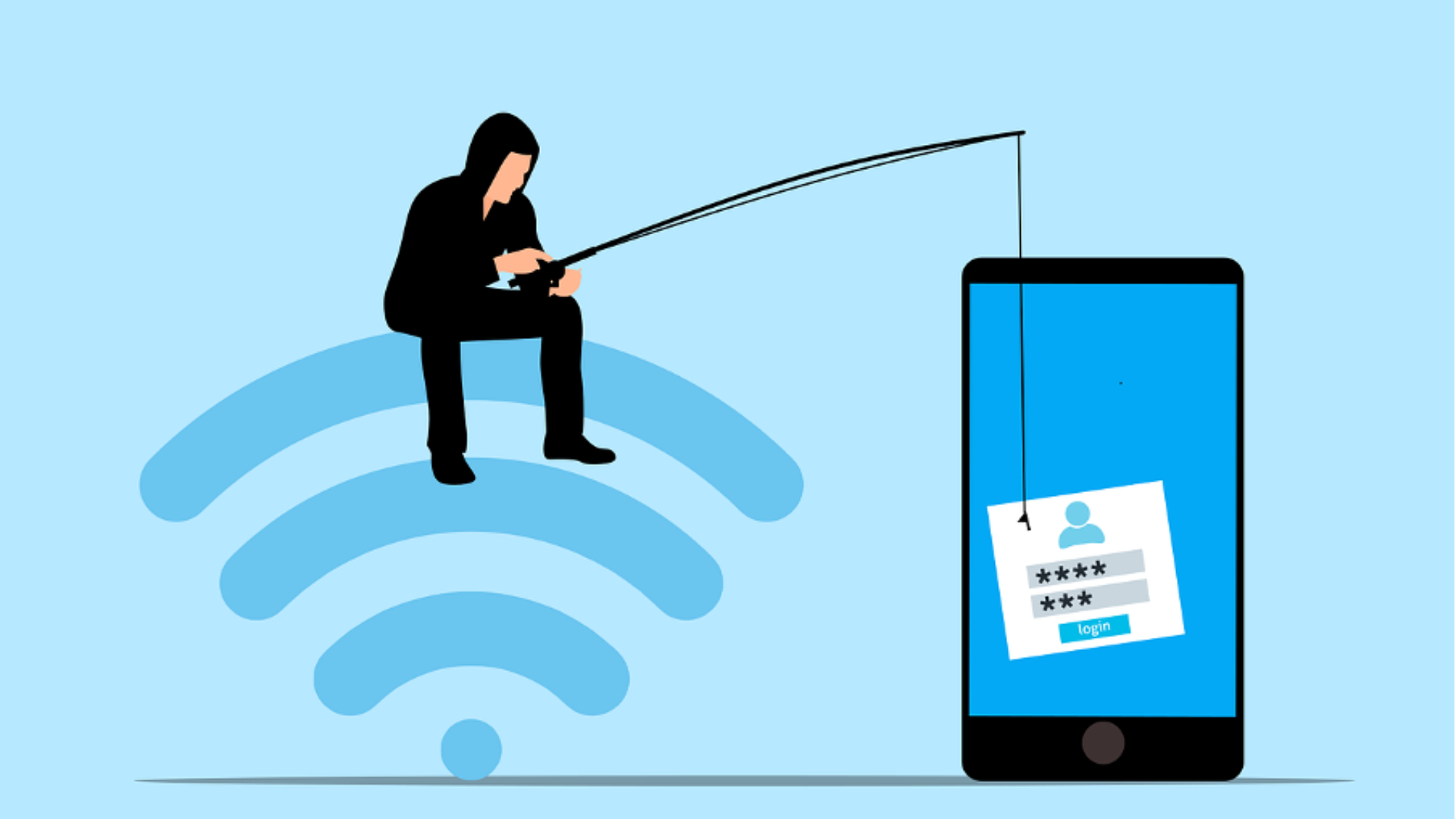 hacker sitting on a wifi symbol with a fishing pole trying to catch a cell phone