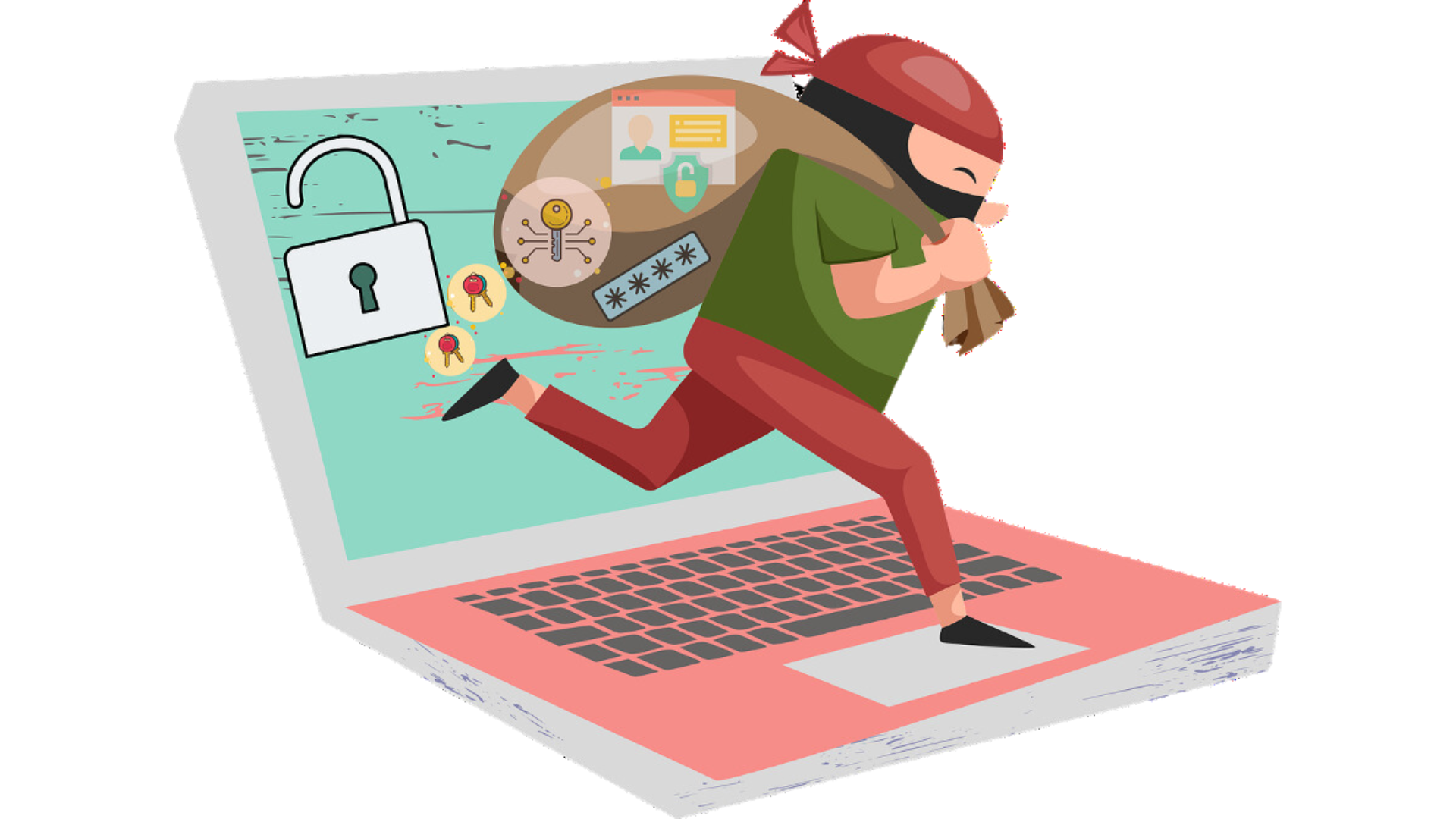 Thief running on top of a laptop with a bag of stolen information